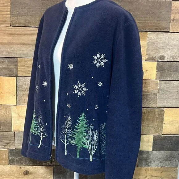 Croft & Barrow Fleece Navy Zip Up Jacket Christmas Theme Trees/Snowflakes Large - Picture 4 of 10
